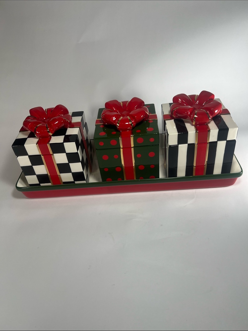 MacKenzie-Childs Red, Black, White & Green Gift Canister Trio on Tray